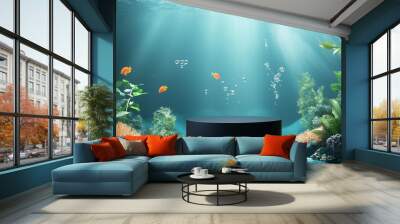 3D rendering product stand base underwater. Copy space for product display on underwater nature background. Summer and tropical vacation concept. Graphic art design. Wall mural