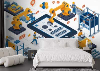 3D vector illustration, production line with workers, automation and user interface concept. Users connect to tablets and share data. Wall mural