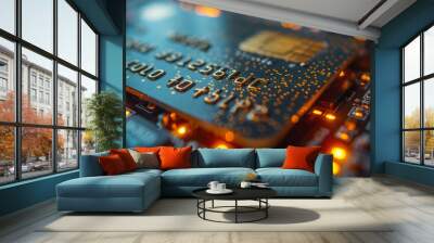 Abstract Render 3D credit card and electronic equipment computer motherboard electronic circuit background financial and technology concepts Wall mural