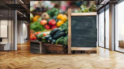 Blank board surrounded by various fresh vegetables on a wooden table Flat lay with space for text. Cooking class Selling fresh organic products at the farmers market Wall mural