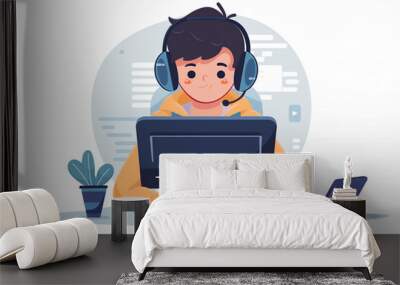 Boy student wearing headphones, table, monitor, modern character design Flat design style vector graphics Wall mural