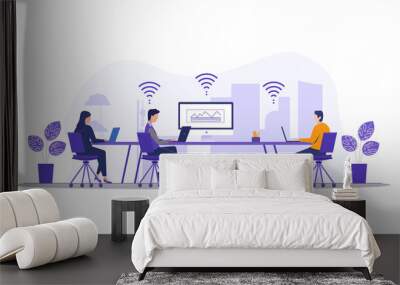 Business team, group of flat vector illustrations and working together in office workplace concept. in business improvement Co-working space internet communication Wall mural