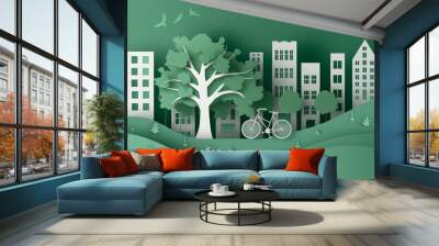 Green city reflection design concept vector, concept of going green and saving the planet with buildings and nature paper art style. Wall mural