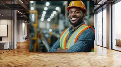 Handsome and happy black professional worker in safety vest and hard hat smiling charmingly at camera. Background of large factory with control panel of machines to check safety in production plant Wall mural