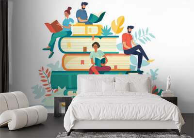 Illustration of a young smart male and female reader sitting on a giant pile of books and reading. Ebook ideas for digital libraries book festival Flat Art Vector Wall mural