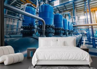 Large industrial water treatment rooms and boiler rooms Steel metal pipes, pumps and valves, blue concept Drinking water production, water treatment systems Wall mural