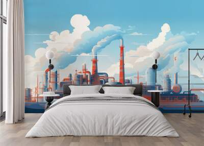 Nuclear power generation plant Factory concept, highly polluting factory with smoke tower and gas pipeline. Wall mural