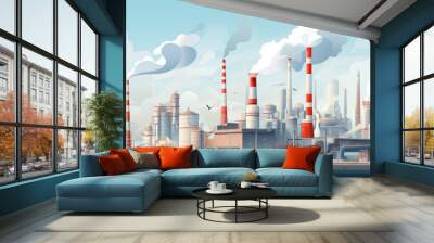 Nuclear power generation plant Factory concept, highly polluting factory with smoke tower and gas pipeline. Wall mural