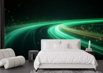 Vector illustration of green light lines of a car at night with motion blur Wall mural