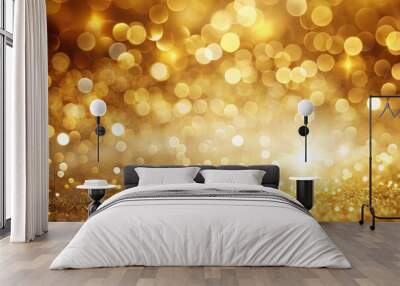 Golden abstract background with white bokeh lights, low angle Wall mural