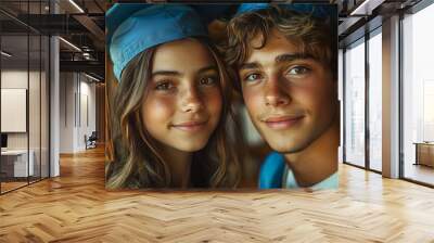 two teenagers looking happy after graduating high school, Wall mural