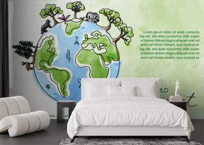 Poster's campaign of World environment day in line art and watercolors style with vector design. Wall mural