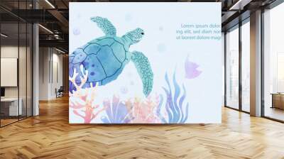 Scene of under the sea and ocean in multicolor watercolors style and vector design with sea animal and example texts on light blue background.  Wall mural