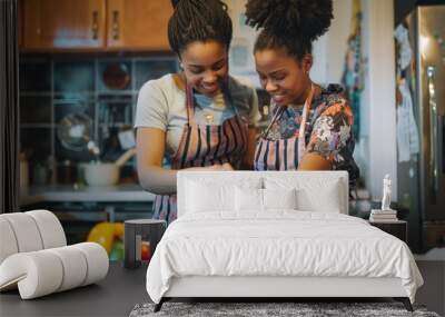 Two women are cooking together in a kitchen Wall mural