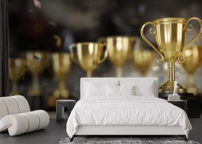 Golden trophy award on dark background. 
Gold winners trophy with copy space for text. 
3d rendering. Wall mural