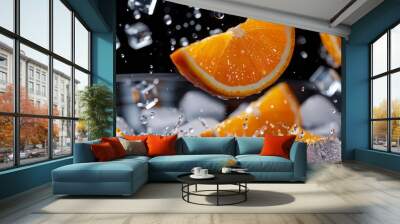  Juicy orange slices dropping into a water-filled container with floating ice cubes through a realistic digital art approach Wall mural