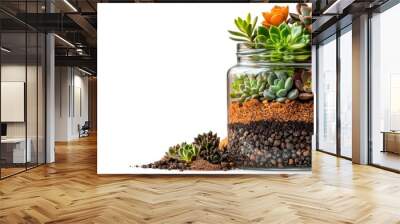 A beautifully arranged terrarium in a glass jar showcasing diverse succulents with layers of soil and decorative stones. Wall mural