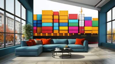 A colorful cargo ship loaded with shipping containers, showcasing a vibrant array of colors against a clean background. Wall mural