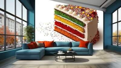 A colorful layered cake topped with creamy frosting and fun sprinkles, perfect for celebrations and festive occasions. Wall mural