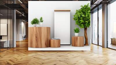 Modern interior design with wooden tables, potted plants, and a blank poster stand against a white wall for versatility. Wall mural