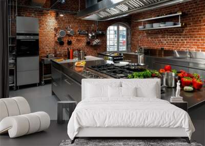 Modern kitchen with stainless steel appliances, brick wall, and fresh vegetables on countertop, perfect for culinary creativity. Wall mural