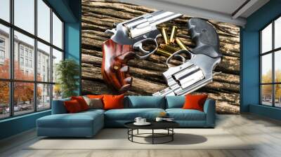 Revolver guns and bullets on wooden background , Pocket gun or Concealed pistol Wall mural