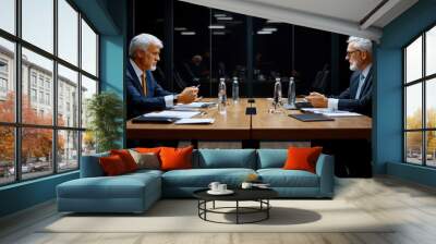 Two business professionals engage in a serious discussion at a conference table in a modern office setting. Wall mural