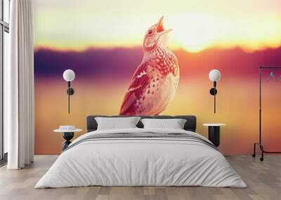 A lark sings joyfully at sunset on a rustic fence post in a vibrant field Wall mural