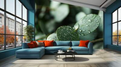 Beautiful eucalyptus leaves with water drops, close up Wall mural