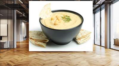 Bowl of hummus and pita isolated on white background Wall mural