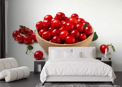 Bowl with fresh red cherry on white background, close up Wall mural