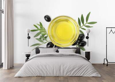 Bowl with olive oil and olives isolated on white background, top view Wall mural