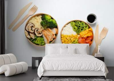 Bowls with tasty and nutritious food, top view Wall mural