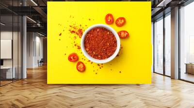 Chilli pepper and bowl of spice on yellow background Wall mural