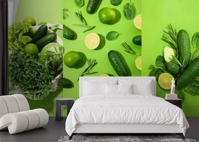 Collage of photos of fresh green food Wall mural