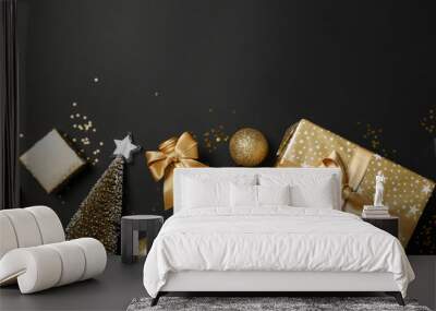 Composition with presents and christmas accessories on black background, copy space Wall mural