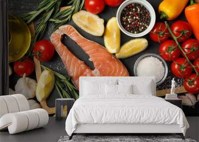 Composition with salmon meat and spices on wooden background, top view Wall mural