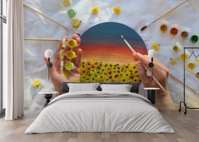 Concept of drawing, woman draw a painting with sunflowers Wall mural