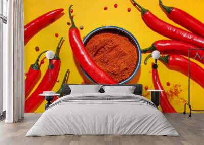 Concept of hot and spicy ingredients - red hot chili pepper Wall mural