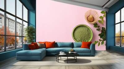 Concept of japanese tea with matcha on pink background Wall mural