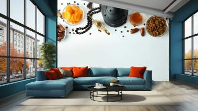 Concept of Ramadan with food and accessories on white background, space for text Wall mural