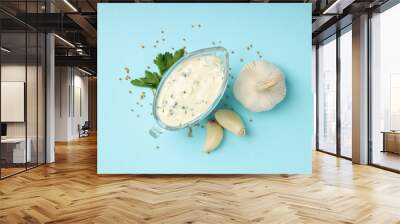 Concept of tasty food with garlic sauce, top view Wall mural