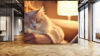 Cozy evening of relaxation with a fluffy cat by warm lamp light in a comfortable living room Wall mural