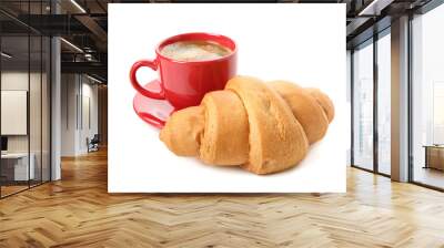 Cup of coffee and croissant isolated on white background Wall mural