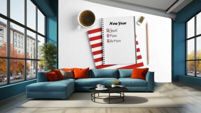 Cup of coffee with copybooks and pencil on white background, top view Wall mural