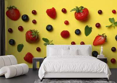 Delicious fresh berry mix on yellow background Wall mural