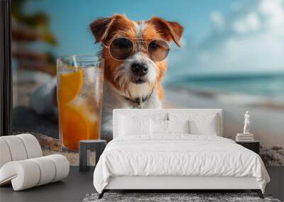 Dog in sunglasses chilling on sea, summer, created with Generative AI technology Wall mural