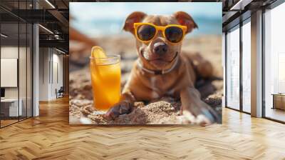 Dog in sunglasses chilling on sea, summer, created with Generative AI technology Wall mural