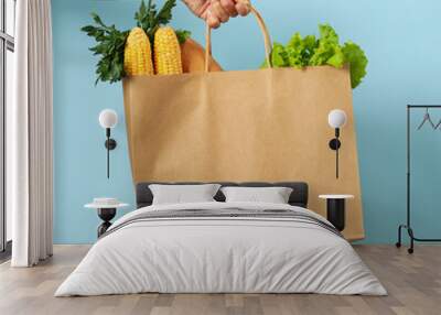 Female hand holds bag with different food on blue background Wall mural