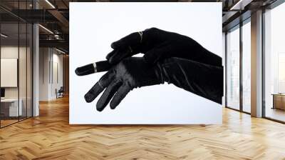 Female hands in black gloves with rings on white background Wall mural